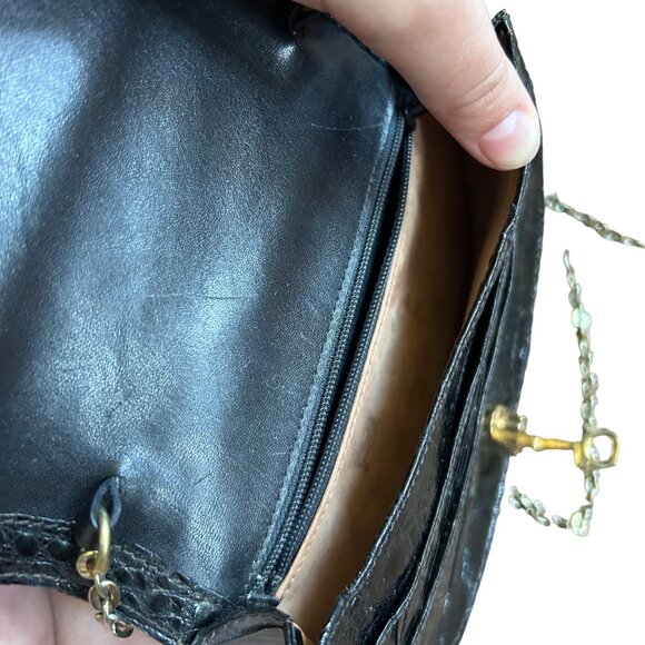 Vintage Black Leather Animal Print Embossed Crossbody Bag Chain Strap - Picture 8 of 11